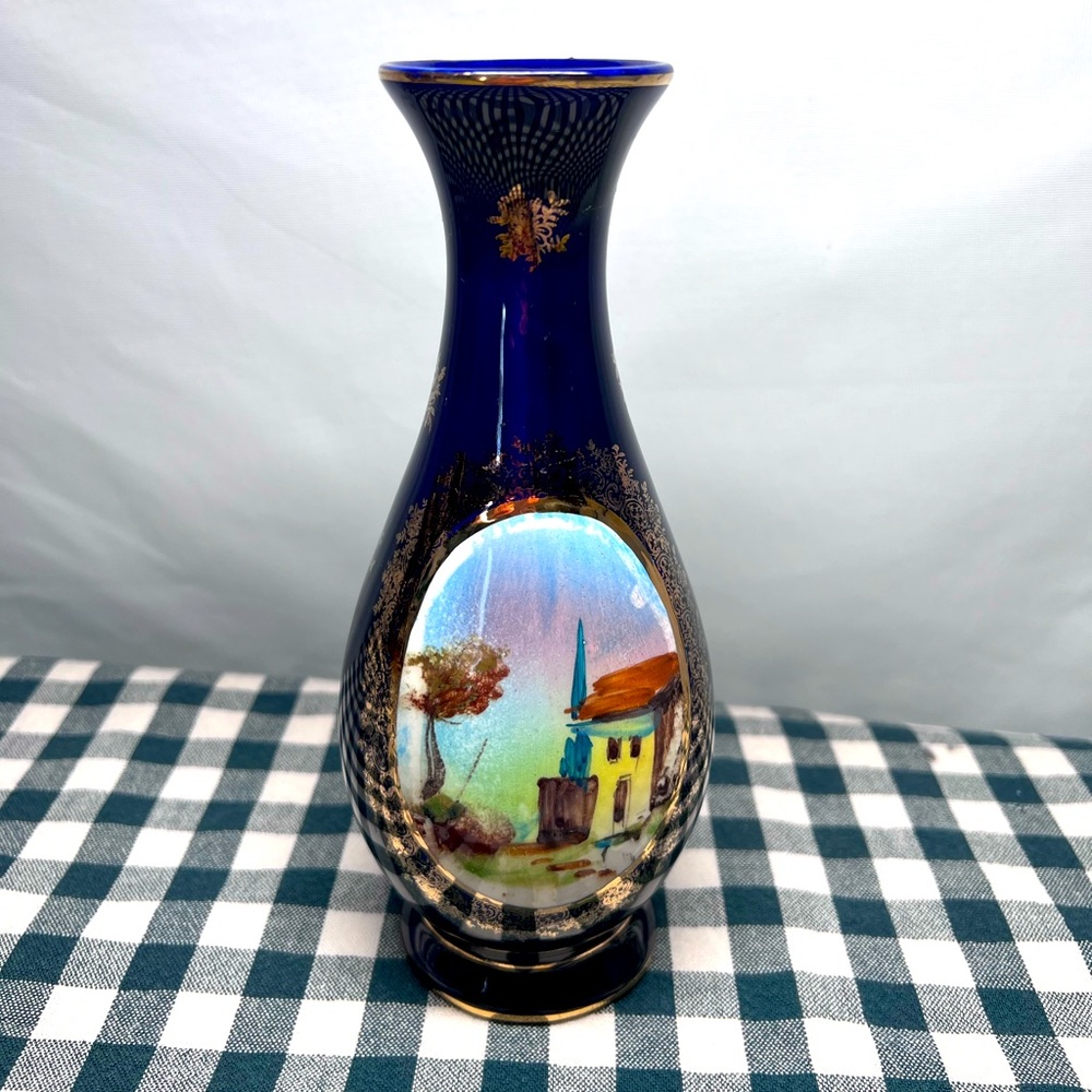 Cobalt Blue Elpa Alcobaca Hand Painted Bud Vase Gold Accents Portugal #1143